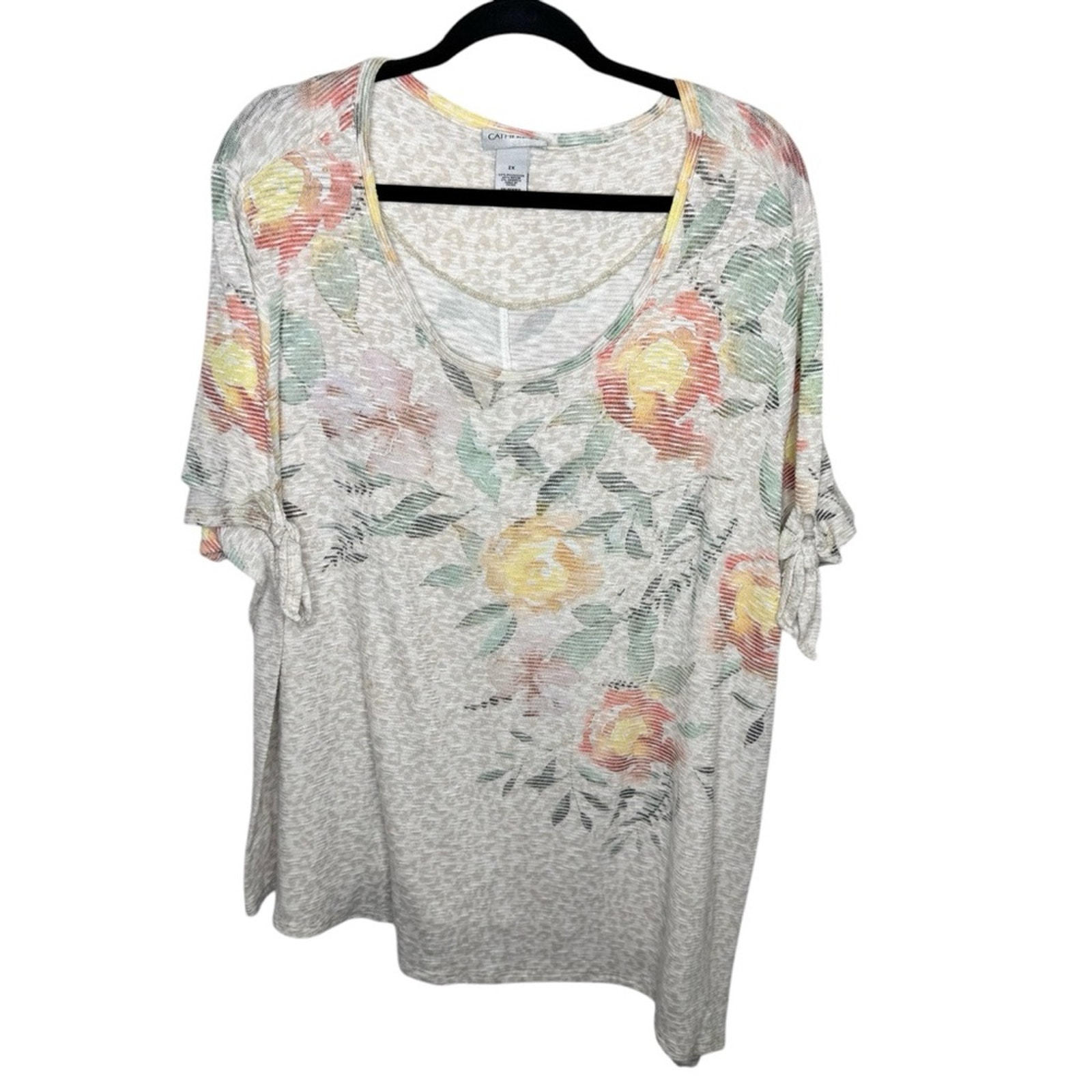 Catherine’s / White Orange Green Floral Cheetah Striped Abstract Blouse Top / 2x